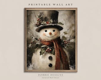 ヴィンテージ風雪だるまの絵画プリント、ムーディーなクリスマスウォールアート、シルクハットとヒイラギ、居心地の良い冬のデコレーション、デジタルダウンロード 251072-6V