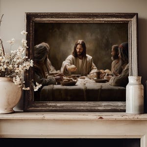 May include: A framed print of a religious scene depicting a gathering around a table. The artwork is in a dark, muted color palette. A white vase with floral branches and two ceramic jars sit on a white mantel.