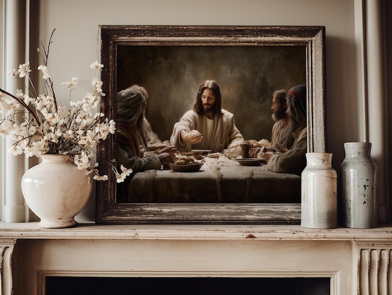 May include: A framed print of a religious scene depicting a gathering around a table. The artwork is in a dark, muted color palette. A white vase with floral branches and two ceramic jars sit on a white mantel.