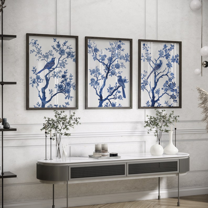 Blue Chinoiserie Set of 3 Prints Chinoiserie Wall Art Vintage Blue ...