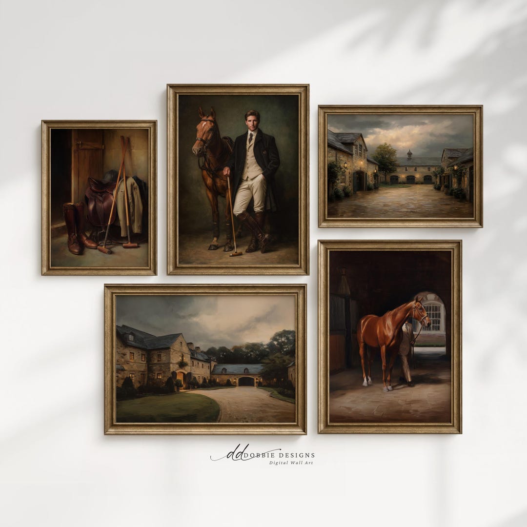Equestrian Wall Art Set of 5 Moody English Estate Print Horse Portrait ...