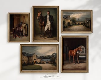 Equestrian Wall Art Set of 5 Moody English Estate Print Horse Portrait Gallery Wall Vintage Country Manor Decor 260122
