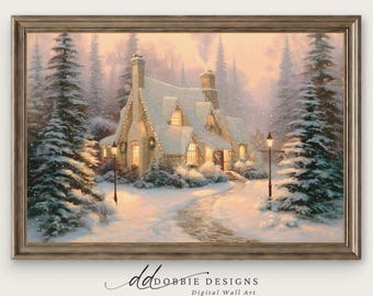 Rustic Winter Cabin Painting Vintage Christmas Cottage Art Print Snowy Holiday Scene Cabin Decoration Vintage Holiday Decorating 251072-14