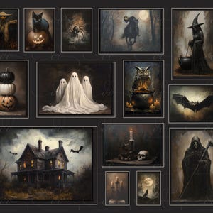 May include: A collage of 12 framed Halloween-themed paintings. The paintings feature a variety of spooky subjects, including a scarecrow, a black cat, a spider, a witch, an owl, a bat, a haunted house, and a grim reaper.