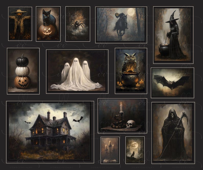 May include: A collage of 12 framed Halloween-themed paintings. The paintings feature a variety of spooky subjects, including a scarecrow, a black cat, a spider, a witch, an owl, a bat, a haunted house, and a grim reaper.