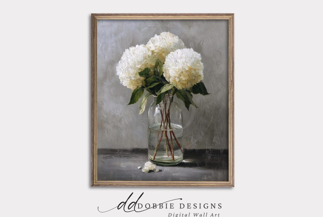 White Hydrangea Wall Art Neutral Floral Painting Vintage Still Life ...