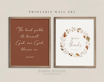 Christian Thanksgiving Wall Art Set of 2 Give Thanks Bible Verse Prints Psalm 67:6 Scripture Autumn Harvest Printable Fall Decor 260150B