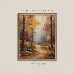 Rustic Fall Forest Wall Art Moody Autumn Painting Vintage Autumn Print Landscape Painting  Woodland Path Autumn Cottagecore Printable 251062