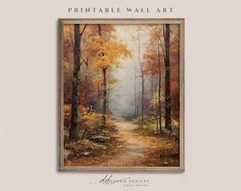 Rustic Fall Forest Wall Art Moody Autumn Painting Vintage Autumn Print Landscape Painting  Woodland Path Autumn Cottagecore Printable 251062