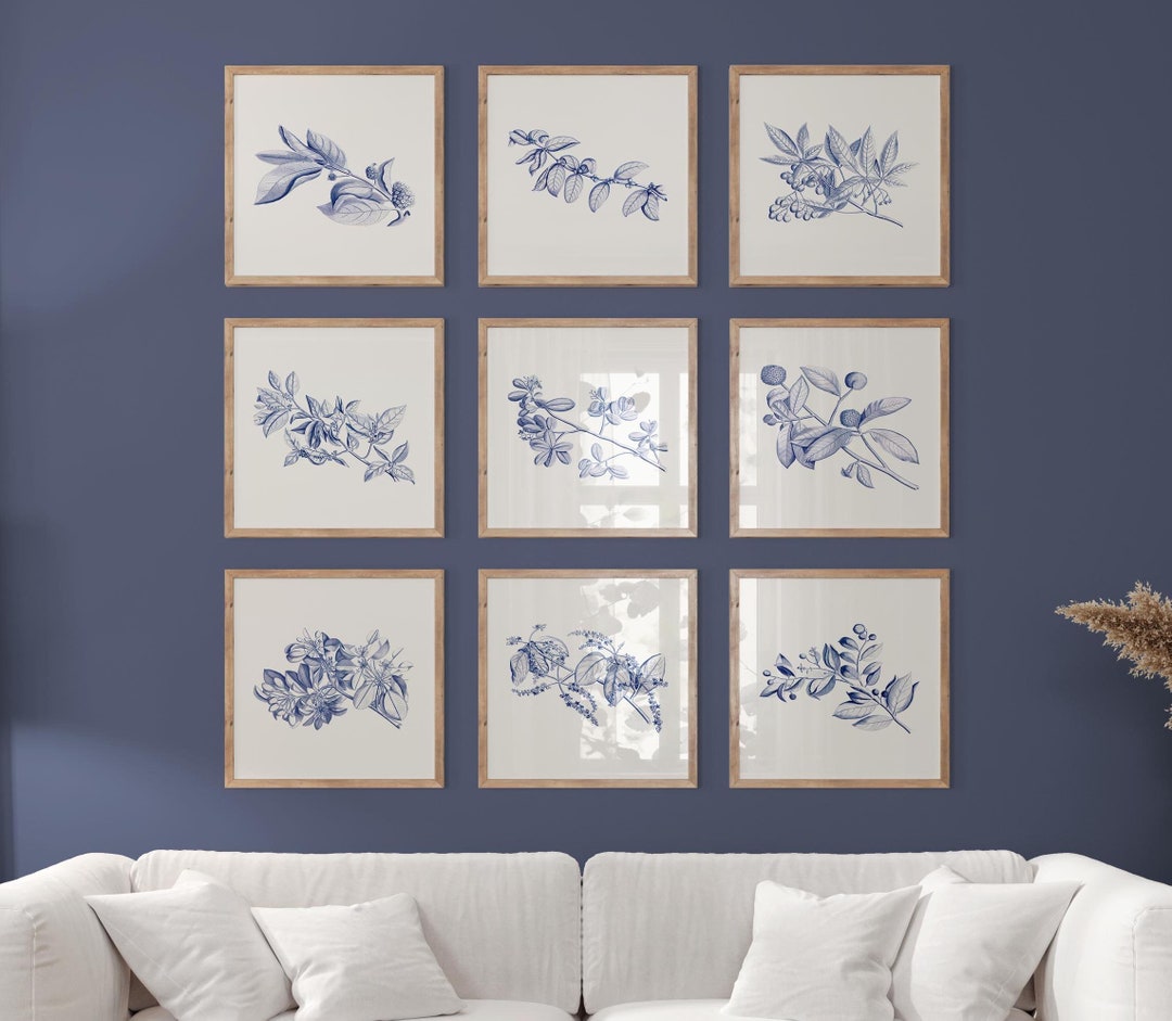 Botanical Wall Art Set of 9 Prints Blue Chinoiserie Wall Art Vintage ...