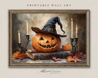 Jack O' Lantern with Witch Hat Vintage Halloween Dark Cottagecore Witchcore Decoration Moody Gallery Wall Spooky Wall Decoration 251045-22