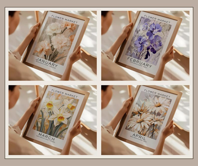 Lot de 12 fleurs pour le mois de naissance, oeuvre d'art murale florale neutre, cadeau pour le mois de naissance, impression du mois de naissance, impression du marché aux fleurs, impression de fleurs de naissance image 6