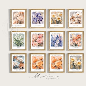 Juego de 12 meses de flores de nacimiento Juego de pared con galería de flores de nacimiento Juego de 12 impresiones neutras Regalo de flores de nacimiento Arte de flores de nacimiento Juego de impresiones Matisse