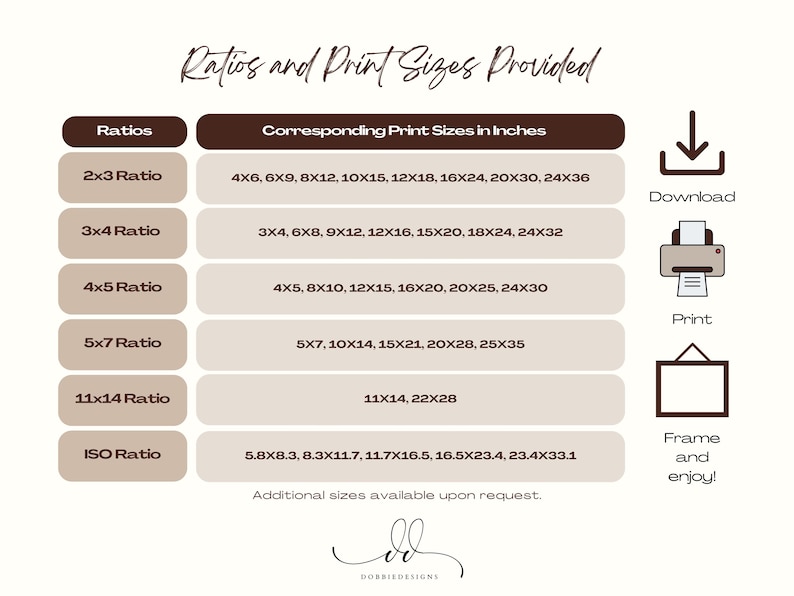 May include: A beige graphic with text detailing print ratios and sizes in inches. The text includes "Ratios and Print Sizes Provided", "Download", "Print", and "Frame and enjoy!" with corresponding icons. Additional sizes available upon request.