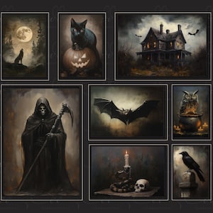May include: A set of nine framed Halloween-themed illustrations. The illustrations feature a black cat, a jack-o-lantern, a wolf, a reaper, a bat, an owl, a cauldron, a candle, and a raven.