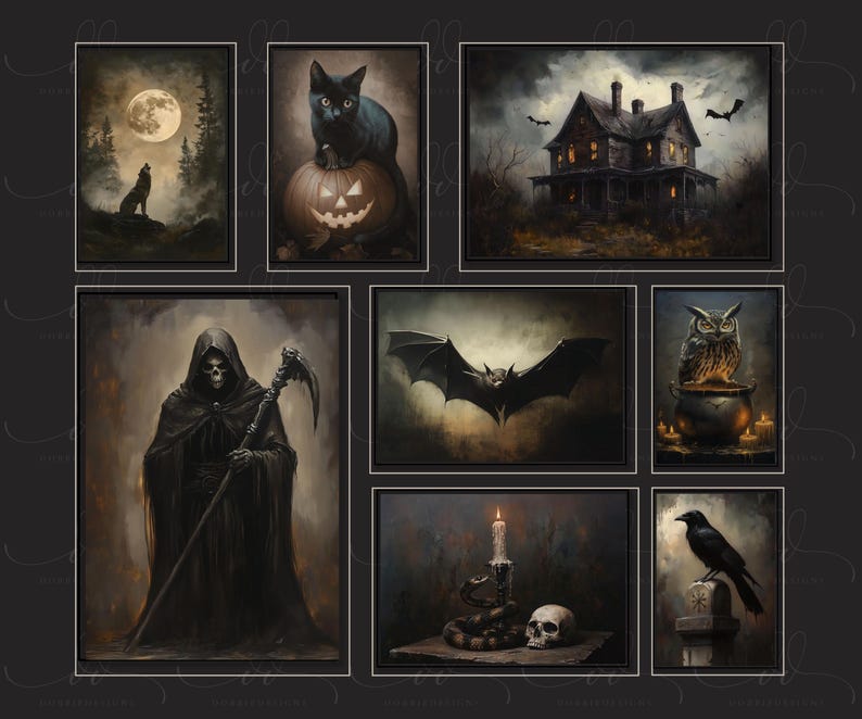 May include: A set of nine framed Halloween-themed illustrations. The illustrations feature a black cat, a jack-o-lantern, a wolf, a reaper, a bat, an owl, a cauldron, a candle, and a raven.