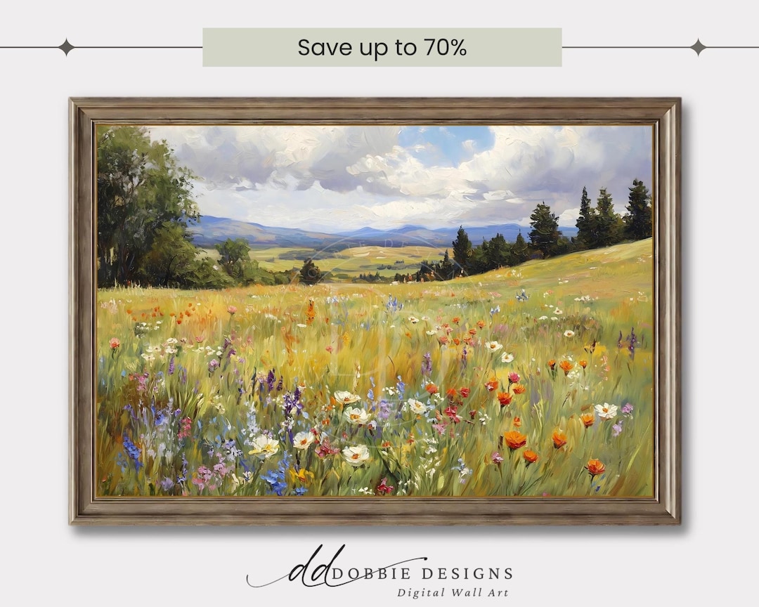 Wildflower Meadow Landscape Wall Art Summer Field Painting Floral ...