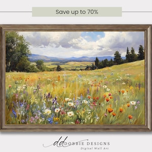 Puede incluir: Una pintura de paisaje enmarcada representa un prado vibrante lleno de flores silvestres bajo un cielo nublado. La obra de arte presenta una variedad de colores, incluyendo amarillo, naranja, azul y verde. El texto "Save up to 70%" se muestra en la parte superior.