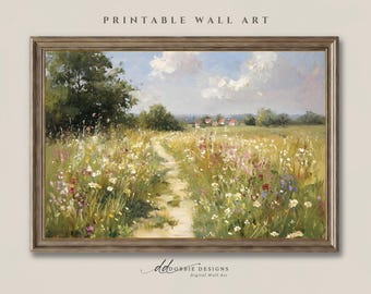 Wildflower Meadow Landscape Print Summer Country Field Painting Wildflower Field Oil Painting Printable Living Room Wall Art Decor 251036-41