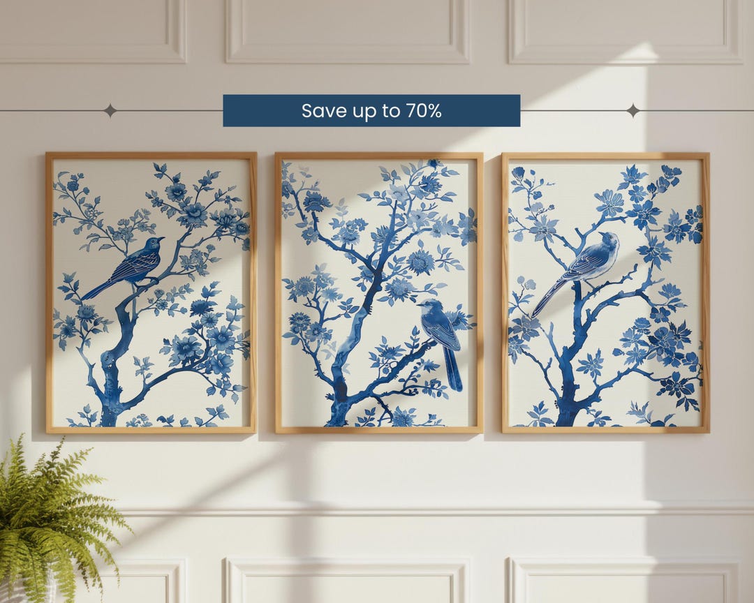 Blue Chinoiserie Set of 3 Prints Chinoiserie Wall Art Vintage Blue ...