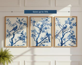 Juego de 3 láminas de estilo chinoiserie azul Arte de pared chinoiserie Estampado floral y de pájaros azul vintage Decoración de pared estilo chinoiserie Patrón de porcelana Arte 241057