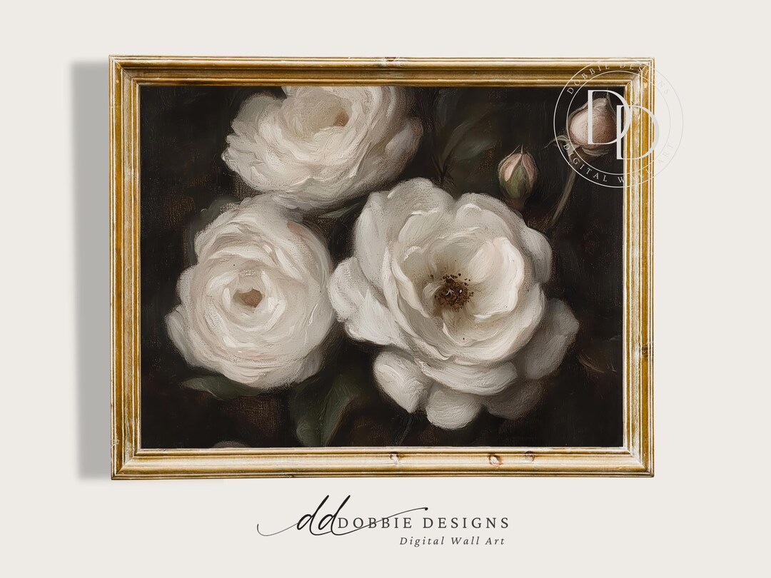 Vintage White Rose Still Life Printable Wall Art Moody Floral Dark ...