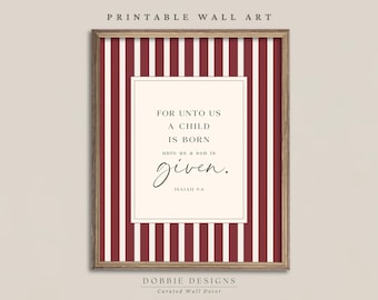 ひとりのみどりごが私たちのために生まれた イザヤ書 9:6 クリスマス聖句ウォールアート 赤ストライプ キリスト教ホリデーデコレーション 印刷可能 251126