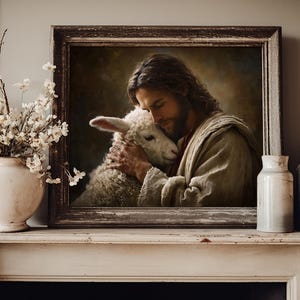 May include: A framed artwork depicts a man with long hair embracing a lamb. The painting has a warm color palette with brown and beige tones. A white vase with floral branches and two ceramic jars are on a white mantel.