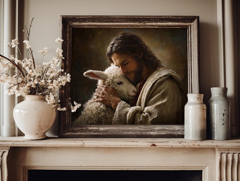 May include: A framed artwork depicts a man with long hair embracing a lamb. The painting has a warm color palette with brown and beige tones. A white vase with floral branches and two ceramic jars are on a white mantel.