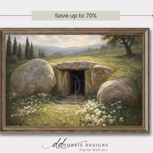 May include: A framed landscape print featuring a stone structure in a grassy field, with a pathway leading to the entrance. The artwork has a natural color palette, with a light green field, blue sky, and a tree in the background. The text "Save up to 70%" is at the top.