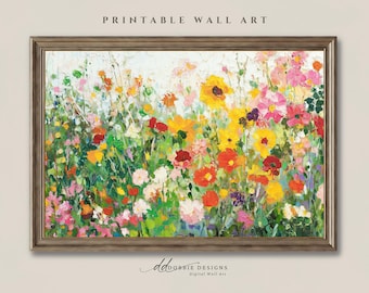 Bunte Wildblumen-Wandkunst zum Ausdrucken, leuchtendes Blumenwiesenbild im Cottagecore-Stil, botanische Landschaft, Frühlingsblumenfeld 251019-2