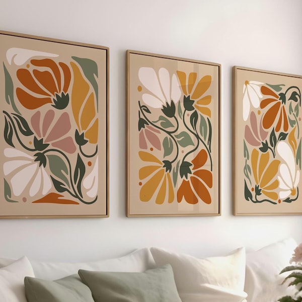 Boho Abstract Flowers Print Set of 3 Printable Floral Gallery Wall Set Terracotta Prints Boho Printable Art Flower Market Poster 241072-2