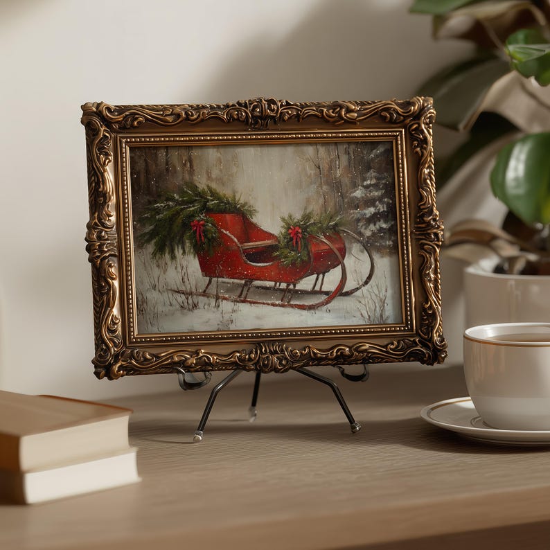 May include: A framed painting of a red sleigh in a snowy forest scene. The painting is in an ornate gold frame and is displayed on a small metal easel. The sleigh is decorated with greenery and red bows, evoking a winter holiday theme.