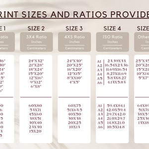 May include: A chart showing different print sizes and ratios for various products. The chart includes measurements in inches and centimeters, with options for 2x3, 3x4, 4x5, ISO, and other ratios.