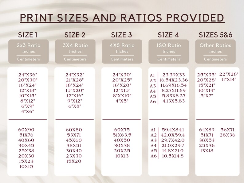 May include: A chart showing different print sizes and ratios for various products. The chart includes measurements in inches and centimeters, with options for 2x3, 3x4, 4x5, ISO, and other ratios.