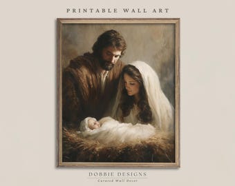 Nativity Wall Art Printable Mary Joseph and Baby Jesus Painting Vintage Christian Christmas Decor Holy Family Oil Painting 260159