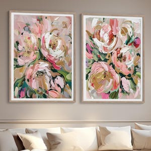 Impresiones de arte floral abstracto, arte abstracto moderno, decoración de pared con flores, juego de 2 impresiones, pintura floral moderna en tonos rosa pastel suave y verde 241058-1