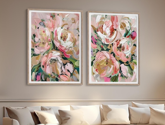 Abstract Floral Art Prints Modern Abstract Art Flower Wall Decor Set of 2 Prints Soft Pastel Pink and Green Modern Floral Painting 241058-1