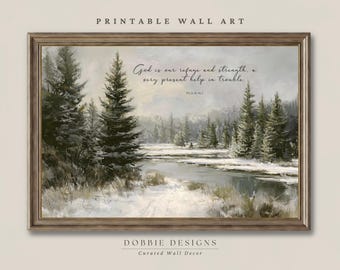 Psalm 46:1 Wall Art Winter Landscape Bible Verse Print God Is Our Refuge and Strength Christian Home Decor Neutral Scripture Art 251135