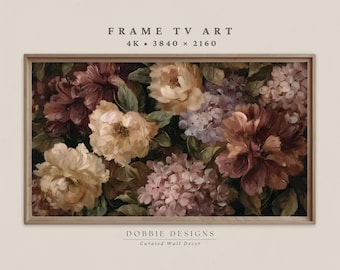 Moody Floral Frame TV Art Vintage Oil Painting Burgundy Peony and Hydrangea Dark Academia Flowers Samsung Frame TV Screensaver TV078