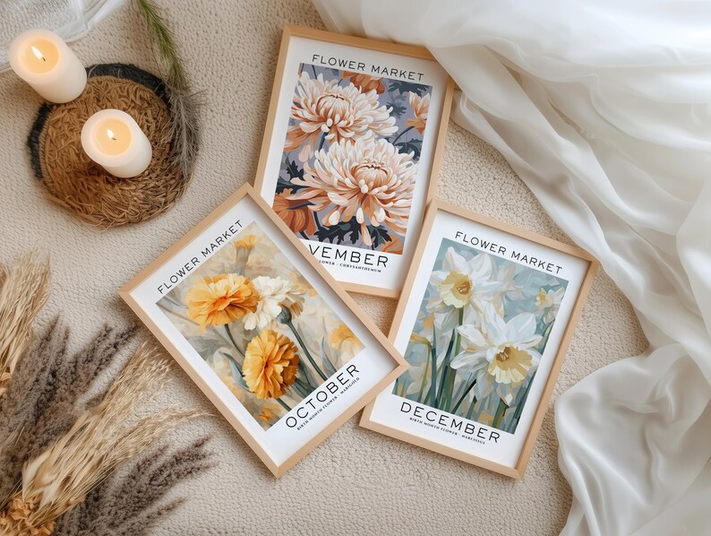Lot de 12 fleurs pour le mois de naissance, oeuvre d'art murale florale neutre, cadeau pour le mois de naissance, impression du mois de naissance, impression du marché aux fleurs, impression de fleurs de naissance image 10