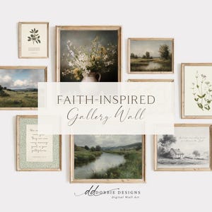 Puede incluir: Una composición de pared de galería con impresiones artísticas enmarcadas con una estética vintage. La colección incluye pinturas de paisajes, ilustraciones florales y arte textual inspirador. El texto "Faith-Inspired Gallery Wall" se muestra en el centro.