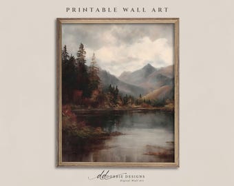 Rustic Fall Lake Landscape Print Moody Autumn Oil Painting Vintage Autumn Mountain Scene Living Room Cabin Decor 252048
