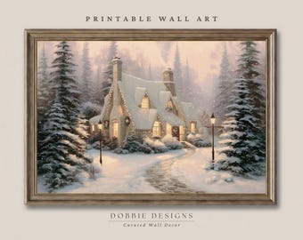 Winter Cottage Wall Art, Snowy Christmas Landscape Print, Cozy Winter Painting, Vintage Christmas Decor, Printable Holiday Art 251072-14
