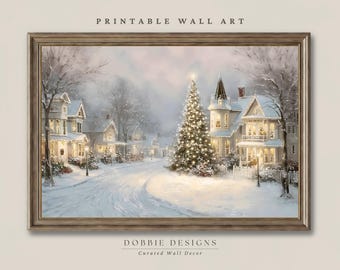Victorian Christmas Village Print Snowy Christmas Town Painting Vintage Winter Street Scene Horizontal Holiday Wall Art 251101