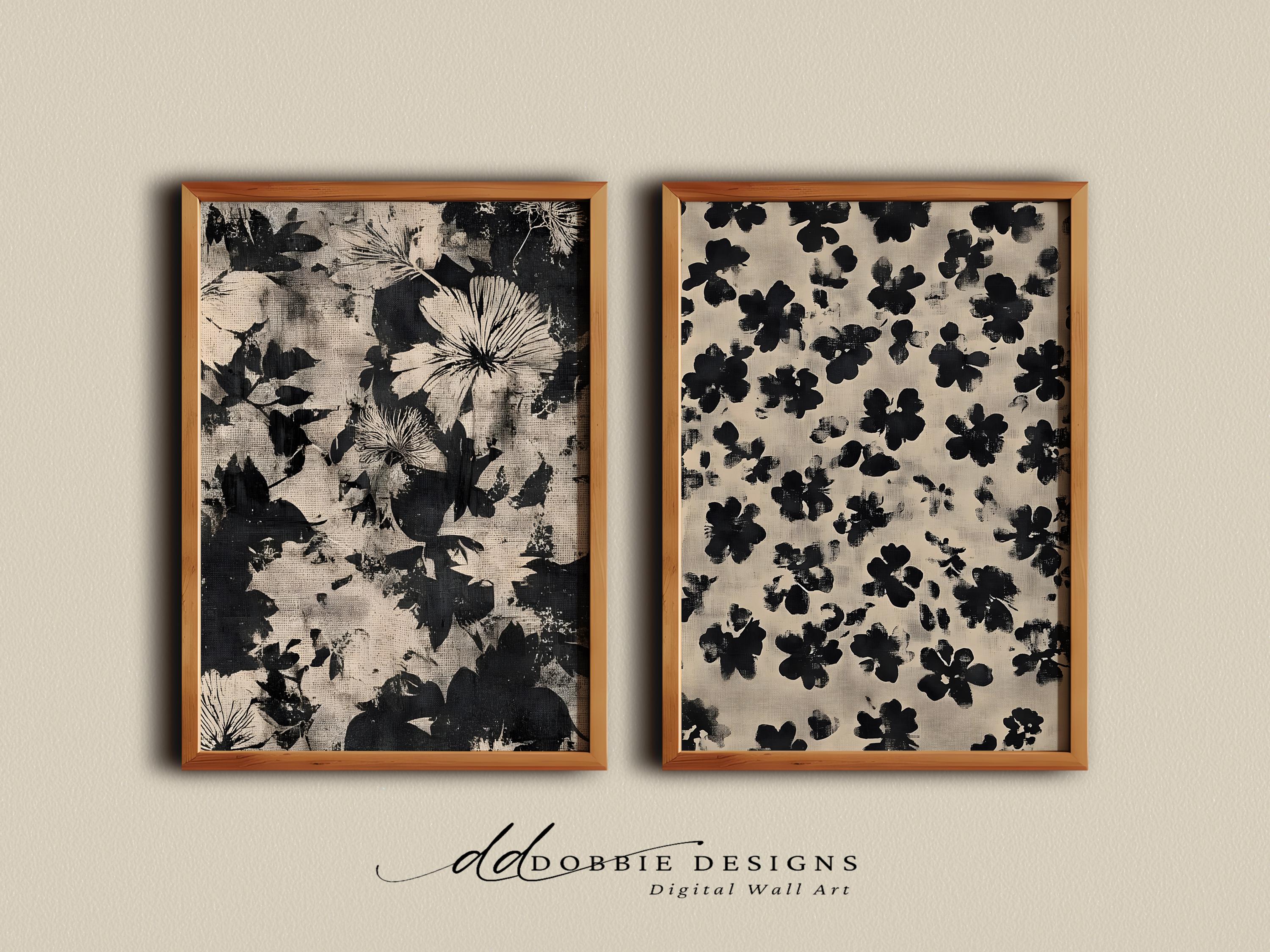 Abstract Black Botanical Set of 2 Modern Neutral Floral Wall Decor for Living Room Linen Texture Grunge Printable Textile Art 251022-5