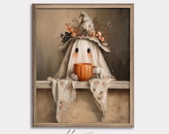 Cute Ghost with Pumpkin Mug Painting Whimsical Halloween Wall Art Print Vintage Cottagecore Fall Decor Cozy Spooky Season Artwork 260133
