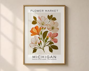 Michigan State Flower Print, Michigan Flower Market Art Print, Apple Blossom Print, Floral Wall Art , Neutral Botanical, Digital Download