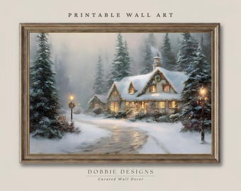 雪景色のキャビン クリスマス ウォールアート ヴィンテージ ログキャビン 絵画 素朴な冬の風景プリント 印刷可能 伝統的なクリスマス装飾 251072-18