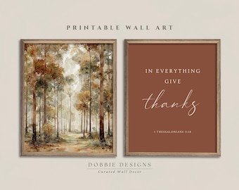 Christian Thanksgiving Wall Art Set of 2 Give Thanks Bible Verse Printable Autumn Landscape Scripture Art Fall Christian Decor 260150A